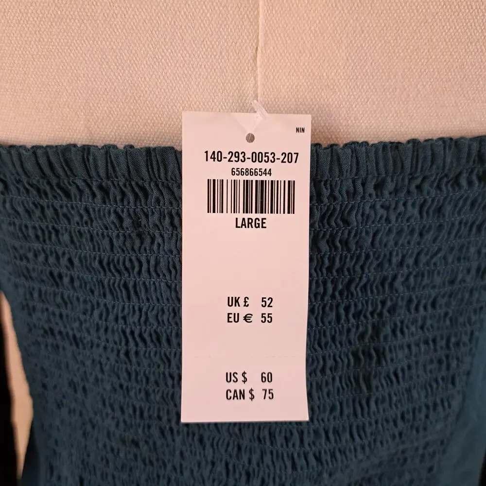 NWT ABERCROMBIE & FITCH Ruched V-Neck Puff Sleeve Smocked Cotton Top large Teal